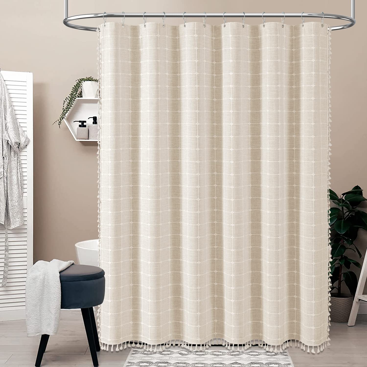 BTTN 78 Inch Long Shower Curtain - Boho Farmhouse Linen Ultra Thick Fabric Shower Curtain Set with Plastic Hooks, Tall Rustic Modern Country Neutral Shower Curtains for Bathroom - Cream/Beige - 72x78