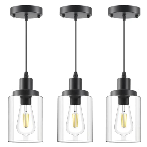 Industrial Pendant Lights, Modern Clear Glass Shade Pendant Lighting, Black Pendant Light Fixtures Ceiling Light, Farmhouse Pendant Lighting for Kitchen Island Hallway Porch Corridor Bedroom, 3-Pack