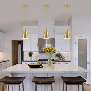 Gold Pendant Lights Kitchen Island,Dining Room Light Fixtures Over Table 3 Pack with Brushed Brass Cone Metal Shade, Modern Farmhouse Mini Chandeliers,Adjustable Cord Hanging Lighting for Bar,Sink