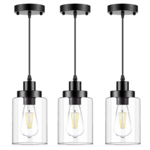 WimiSom Industrial Pendant Lighting, Modern Clear Glass Shade Farmhouse Adjustable Hanging Light Fixtures for Kitchen Island Living Room Bedroom Hallway, 3-Pack