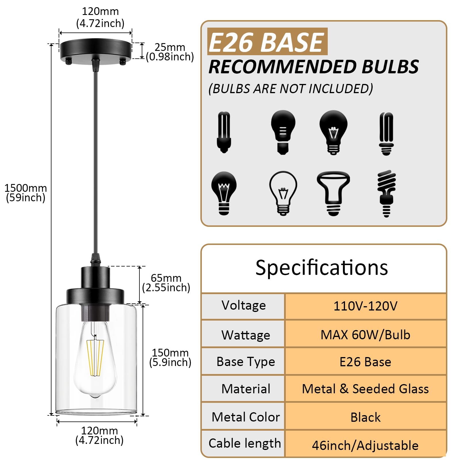 WimiSom Industrial Pendant Lighting, Modern Clear Glass Shade Farmhouse Adjustable Hanging Light Fixtures for Kitchen Island Living Room Bedroom Hallway, 3-Pack