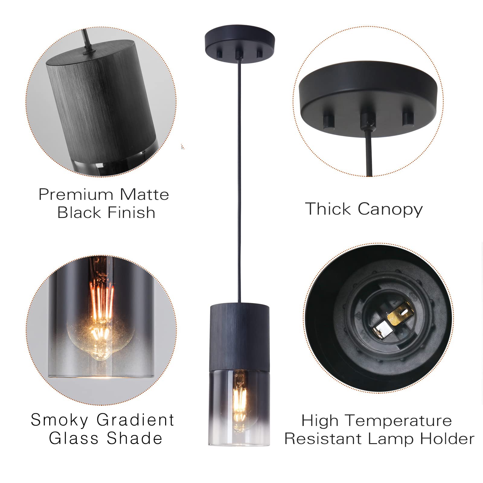 LINSEEDS 2-Pack Black Pendant Light Fixtures, Adjustable Modern Pendant Lights for Kitchen Island, Industrial Glass Pendant Lights for Dining Table Hallway Bedroom Living Room