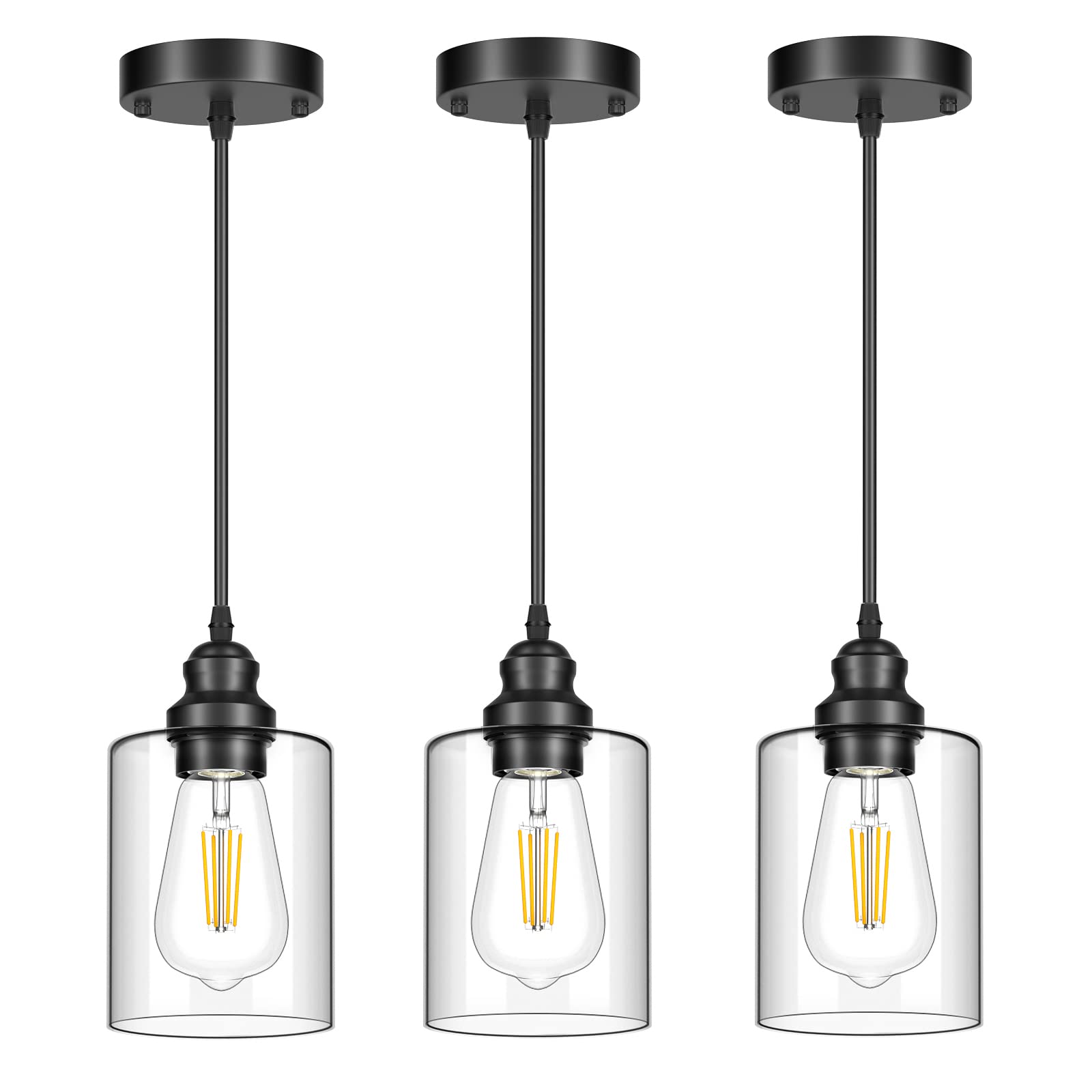 Licperron 3 Pack Hanging Pendant Lighting Fixtures, Adjustable Black Hanging Ceiling Lamp with Clear Glass Shade, Modern Pendant Light for Kitchen Island, Dining Room, Bedroom, Hallway