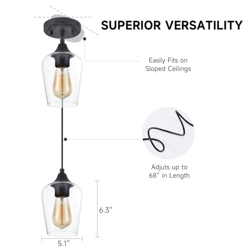 VONLUCE Black Pendant Light for Kitchen Island, Pendant Light Fixture w/Hanging Cord for Bedroom & Hallway, Kitchen Pendant Lighting Over Island with Clear Glass Shade