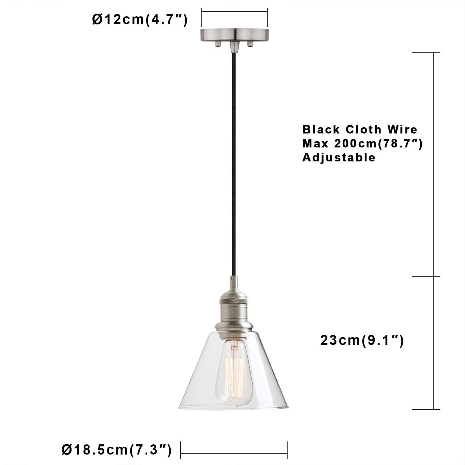 Yosoan -Light Vintage Edison Hanging Pendant Light, Mini Funnel Flared Glass Clear Glass Shade for Kitchen Bathroom Porch Living Room Dinning Room Office Restaurants Hotels Bar Island (Brushed)