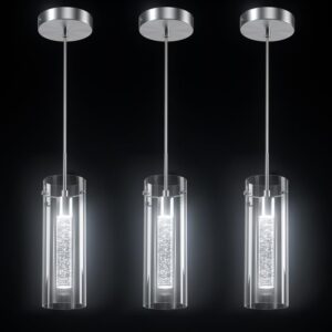 Esfos Pendant Ceiling Light Fixture, LED Kitchen Lighting Crystal Pendant Lights Kitchen Island, 1-Light Integrated Kitchen Hanging Light Fixture Modern Island Light with Bubble Glass Three Pack