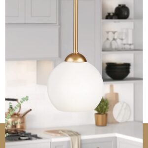 Emak 7 Inch Globe Pendant Lights, Modern Gold Pendant Light Fixtures, 1 Light Hanging Lights with Milk Glass Shade for Kitchen Island, Bathroom, Dining Room, Bedroom, PL119-GD-ML