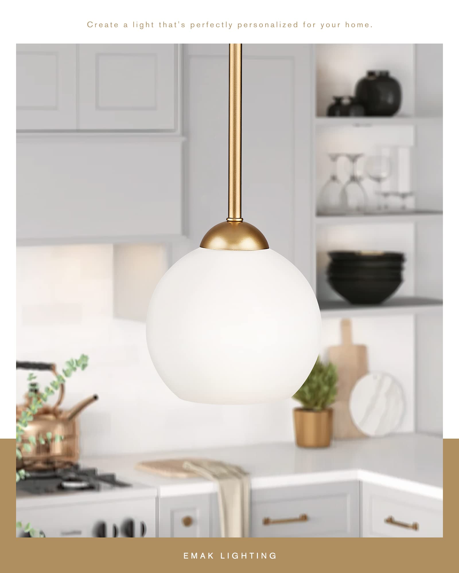 Emak 7 Inch Globe Pendant Lights, Modern Gold Pendant Light Fixtures, 1 Light Hanging Lights with Milk Glass Shade for Kitchen Island, Bathroom, Dining Room, Bedroom, PL119-GD-ML