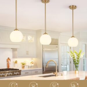 Emak 7 Inch Globe Pendant Lights, Modern Gold Pendant Light Fixtures, 1 Light Hanging Lights with Milk Glass Shade for Kitchen Island, Bathroom, Dining Room, Bedroom, PL119-GD-ML