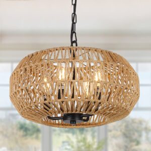 farmhouse rattan pendant lights, 15.7" 4-light boho chandelier light fixture, wicker hand woven basket pendant hanging for dining room living room kitchen island bedroom foyer, height adjustable