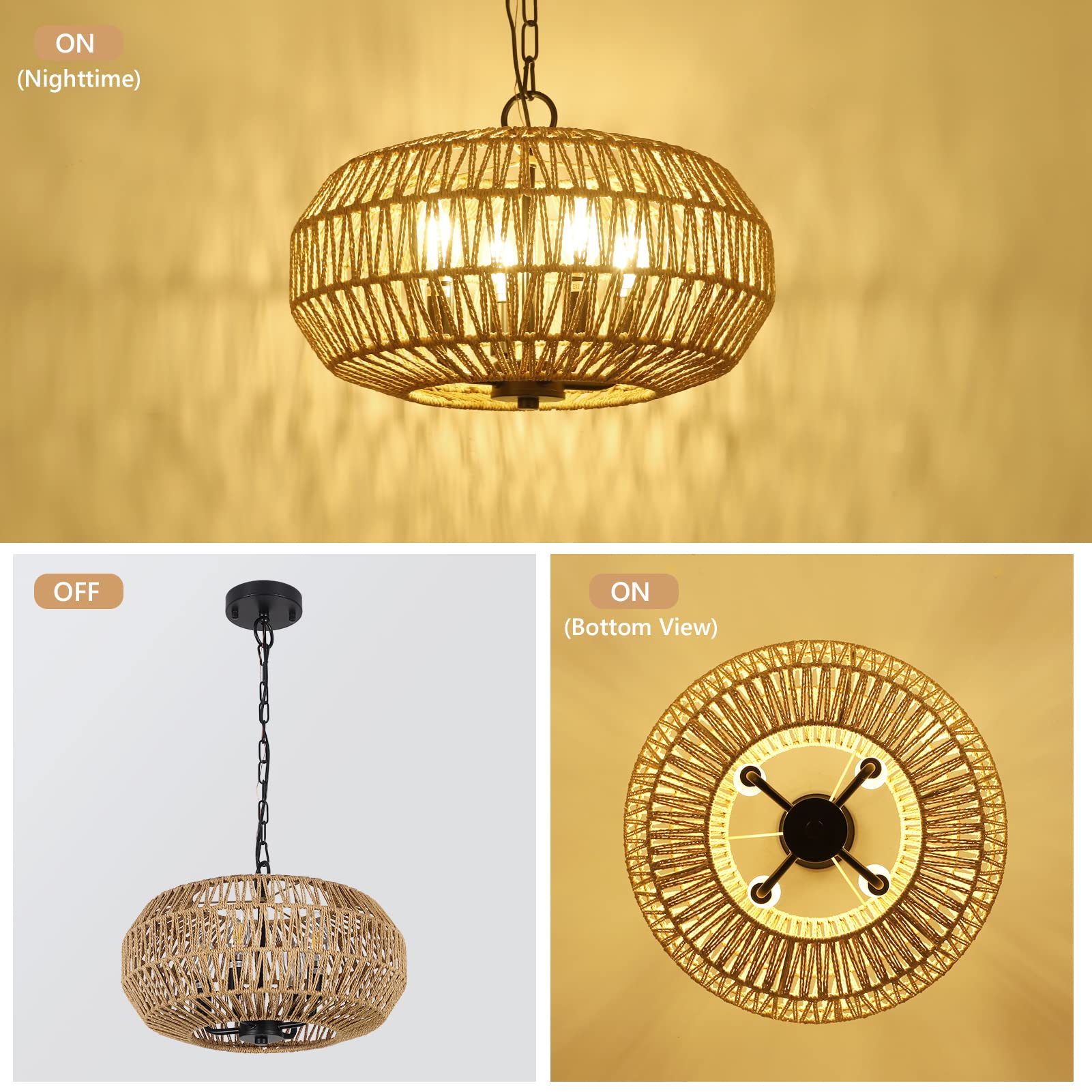 Farmhouse Rattan Pendant Lights, 15.7" 4-Light Boho Chandelier Light Fixture, Wicker Hand Woven Basket Pendant Hanging for Dining Room Living Room Kitchen Island Bedroom Foyer, Height Adjustable