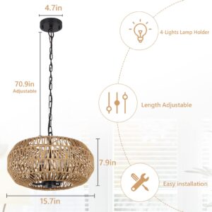 Farmhouse Rattan Pendant Lights, 15.7" 4-Light Boho Chandelier Light Fixture, Wicker Hand Woven Basket Pendant Hanging for Dining Room Living Room Kitchen Island Bedroom Foyer, Height Adjustable