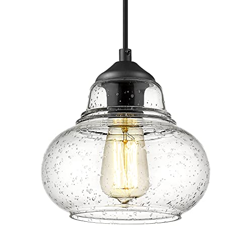 ELYONA Industrial Pendant Light Bubble Glass Kitchen Island Hanging Pendant Light Fxiture Modern Hand Blown Seeded Glass for Farmhouse Dining Room Bar Bedroom Living Room 8 inch Diam Black