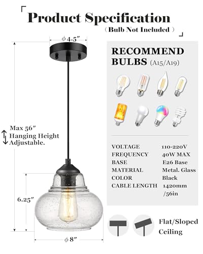 ELYONA Industrial Pendant Light Bubble Glass Kitchen Island Hanging Pendant Light Fxiture Modern Hand Blown Seeded Glass for Farmhouse Dining Room Bar Bedroom Living Room 8 inch Diam Black