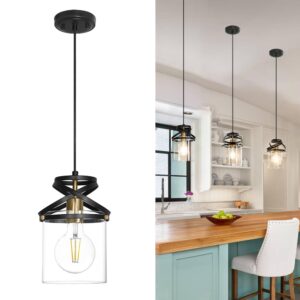 black pendant lights kitchen island, modern pendant light fixture with clear glass shade, farmhouse kitchen pendant lighting over island, pendant lamp with 6ft adjustable cable for dining room,sink