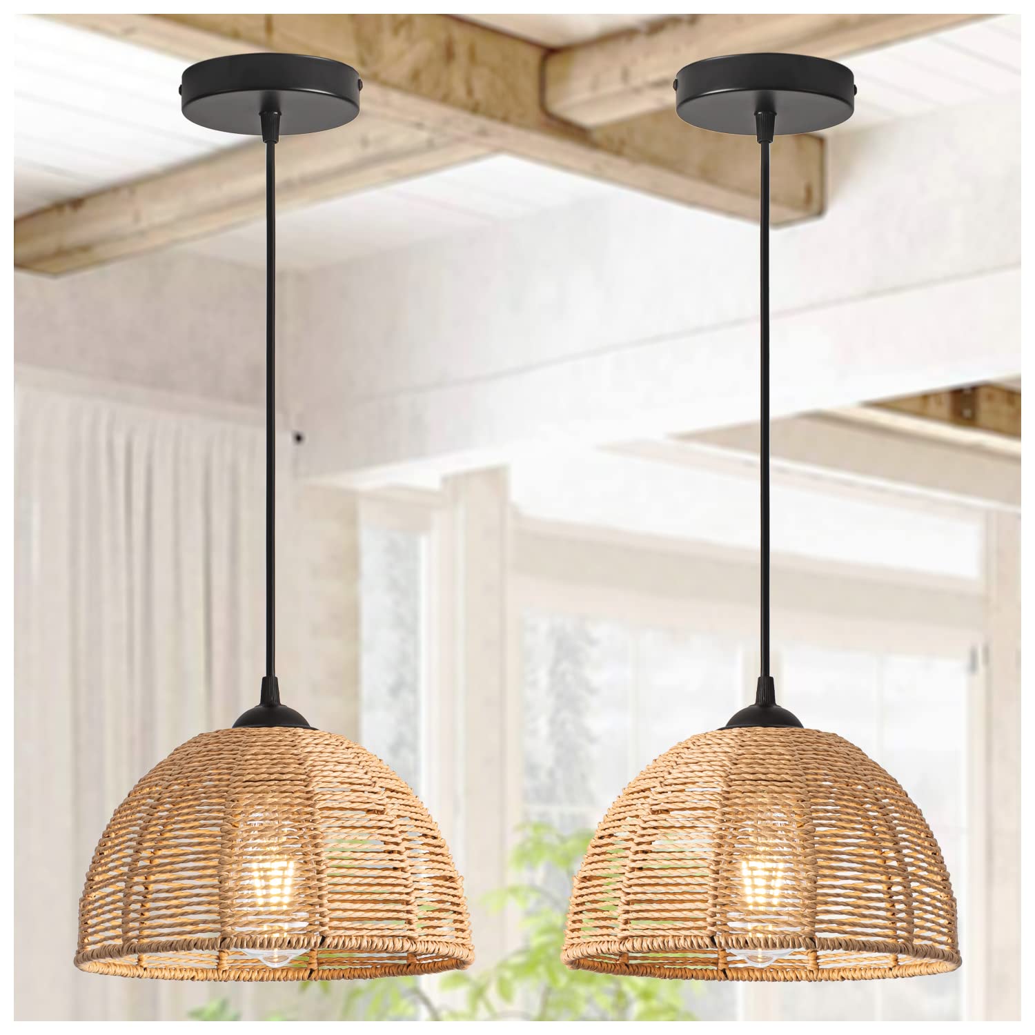 Gudicati Hand Woven Rattan Pendant Light Fixture Vintage Farmhouse 9.84" Bamboo Dome Pendant Lights Modern Retro Boho Wicker Basket Pendant Lighting for Kitchen Island, Bedroom, Dining Room, 2-Pack