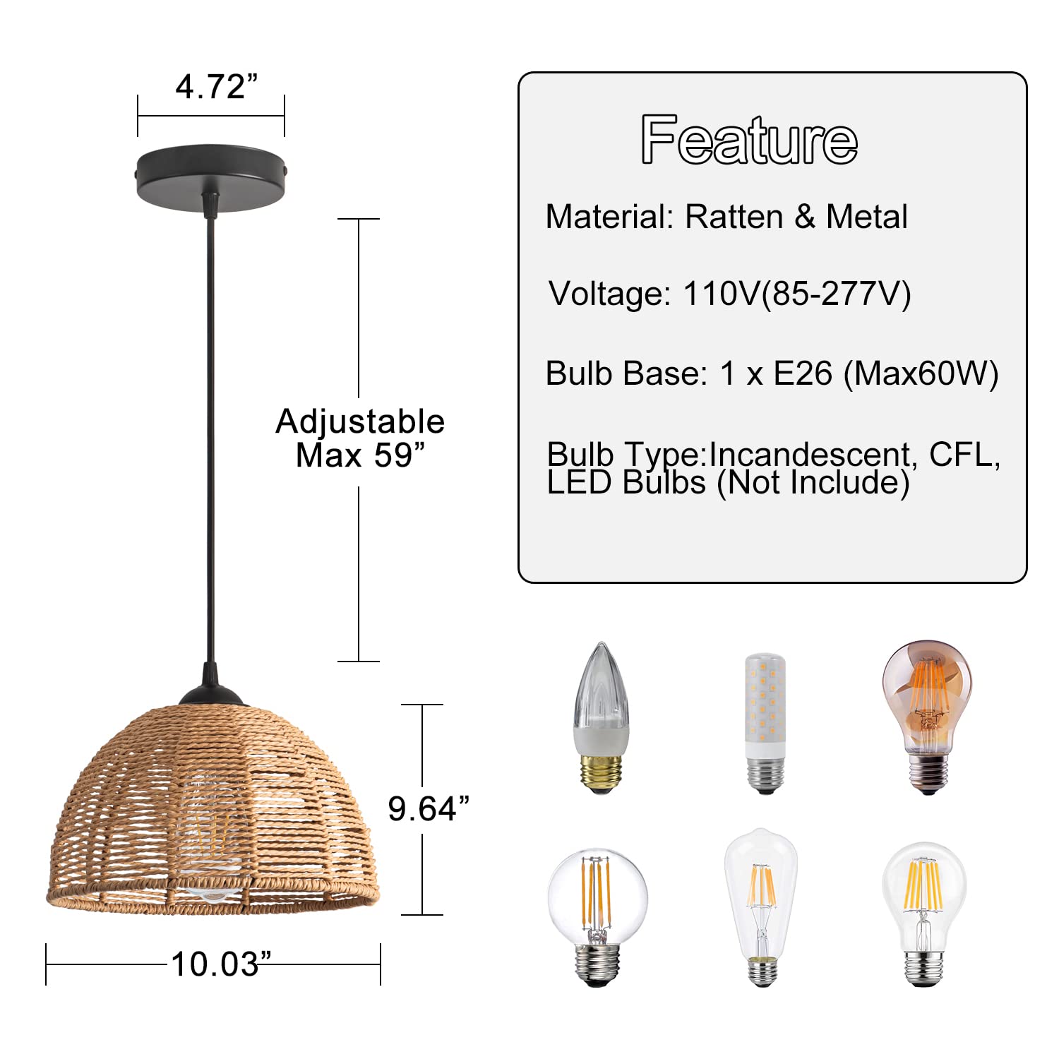 Gudicati Hand Woven Rattan Pendant Light Fixture Vintage Farmhouse 9.84" Bamboo Dome Pendant Lights Modern Retro Boho Wicker Basket Pendant Lighting for Kitchen Island, Bedroom, Dining Room, 2-Pack