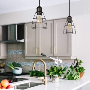 DEWENWILS Plug in Pendant Light, Black Farmhouse Cage Pendant Light Fixtures with 15FT Cord, Hanging Lights for Bedroom, Kitchen Island, Dining Hall, E26 Base Socket, 2 Pack, UL Listed