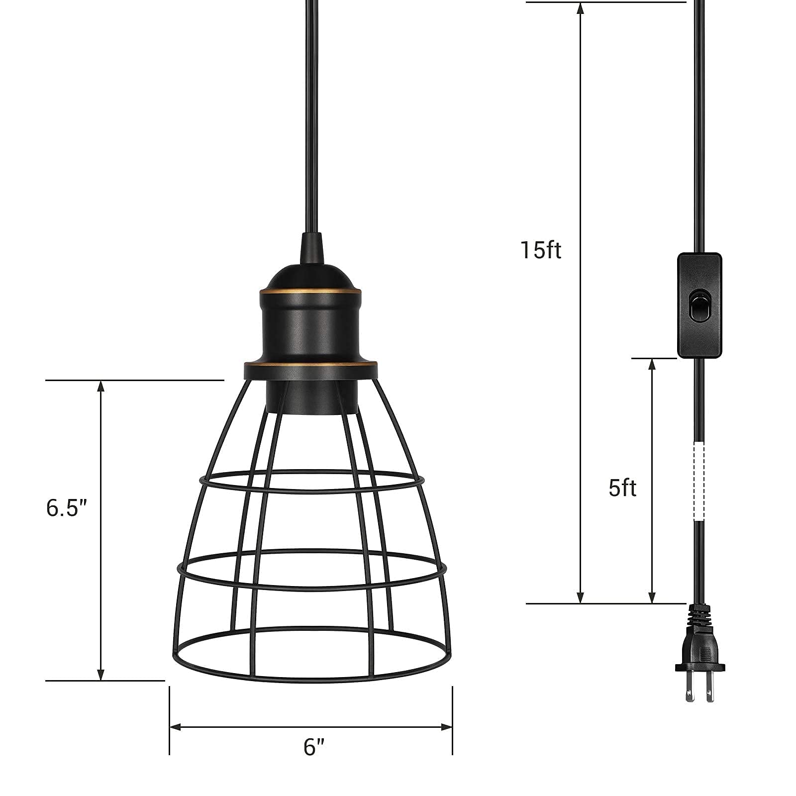 DEWENWILS Plug in Pendant Light, Black Farmhouse Cage Pendant Light Fixtures with 15FT Cord, Hanging Lights for Bedroom, Kitchen Island, Dining Hall, E26 Base Socket, 2 Pack, UL Listed