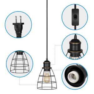 DEWENWILS Plug in Pendant Light, Black Farmhouse Cage Pendant Light Fixtures with 15FT Cord, Hanging Lights for Bedroom, Kitchen Island, Dining Hall, E26 Base Socket, 2 Pack, UL Listed