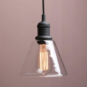 yosoan 1-light vintage edison hanging pendant light, mini semi flush mount light fixture funnel flared clear glass shade for kitchen bathroom porch living room dinning room hotels bar island (black)