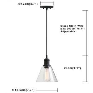 Yosoan 1-Light Vintage Edison Hanging Pendant Light, Mini Semi Flush Mount Light Fixture Funnel Flared Clear Glass Shade for Kitchen Bathroom Porch Living Room Dinning Room Hotels Bar Island (Black)