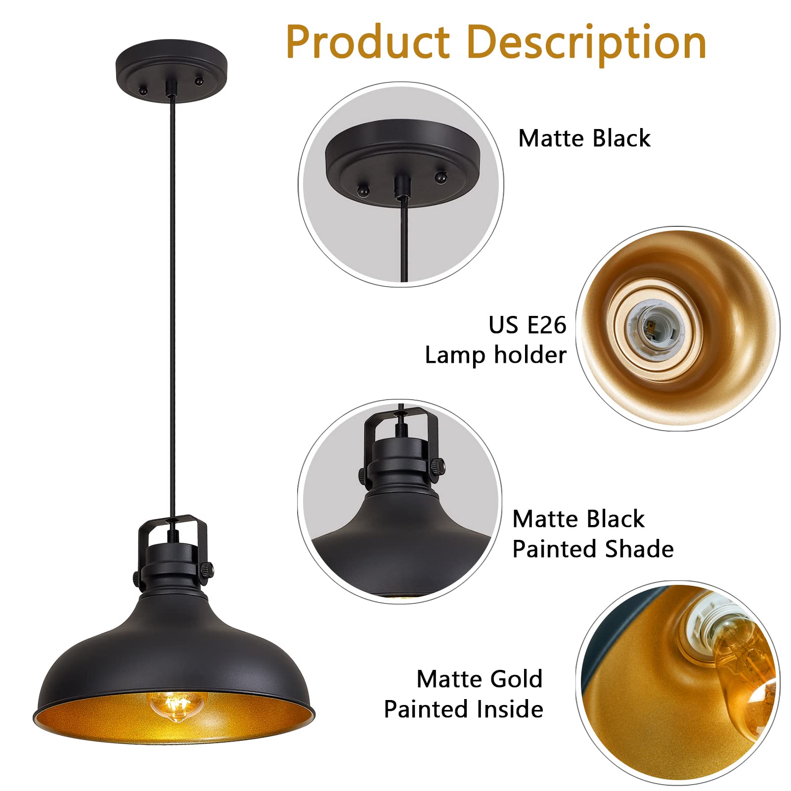 ALAISLYC Black Farmhouse Pendant Lights Matte Pendant Lighting for Kitchen Island Industrial Adjustable Height Vintage Dome Hanging Light Fixtures for Barn, Dining Room 3 Packs