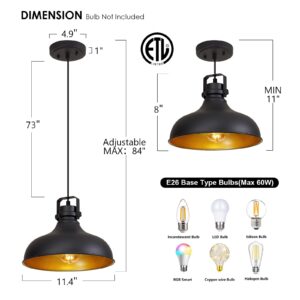 ALAISLYC Black Farmhouse Pendant Lights Matte Pendant Lighting for Kitchen Island Industrial Adjustable Height Vintage Dome Hanging Light Fixtures for Barn, Dining Room 3 Packs