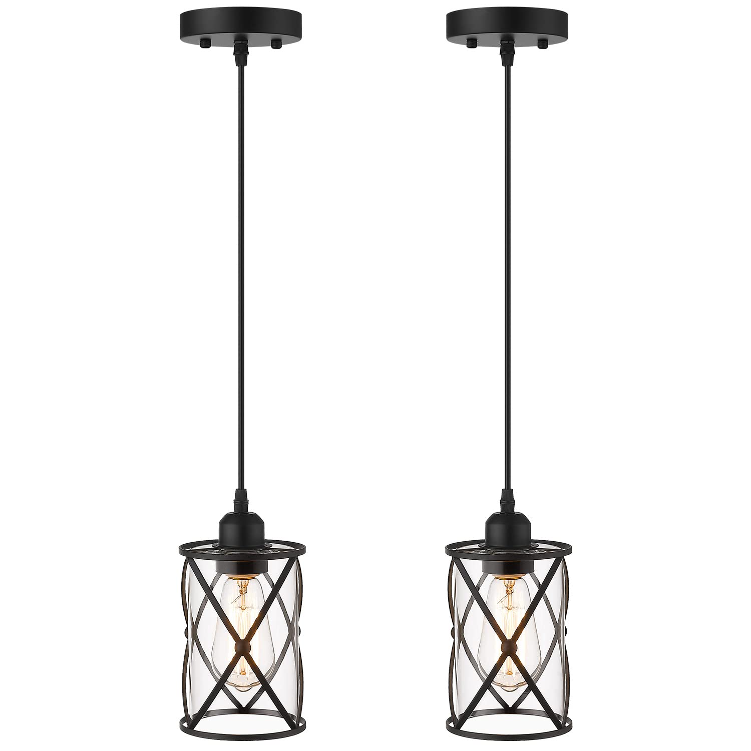 Osimir Industrial Pendant Light, 2 Pack Mini Glass Pendant Light for Kitchen, Cage Pendant Lighting in Black Finish with Clear Glass, Adjustable Length, CH9176-1-2PK