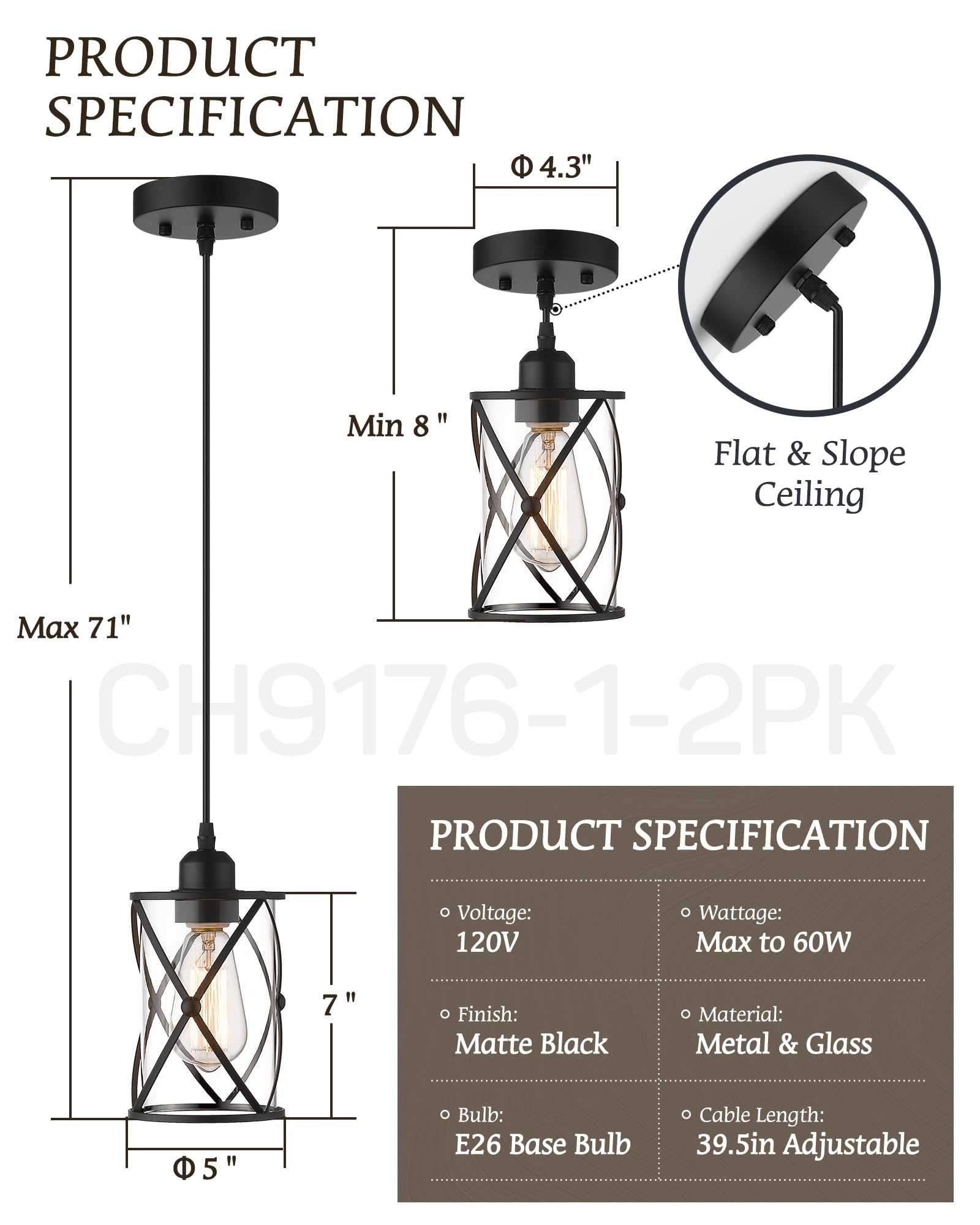 Osimir Industrial Pendant Light, 2 Pack Mini Glass Pendant Light for Kitchen, Cage Pendant Lighting in Black Finish with Clear Glass, Adjustable Length, CH9176-1-2PK