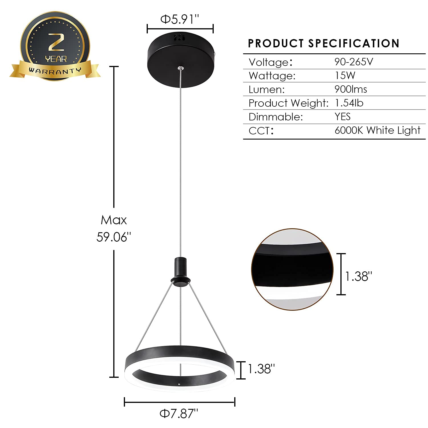 Viruhaka Dimmable LED Pendant Light Kitchen Island 15W Modern Dining Room Black Chandelier 1-Ring Pendant Lighting Bedroom Bedside 59in Cord Adjustable, 6000K Daylight…