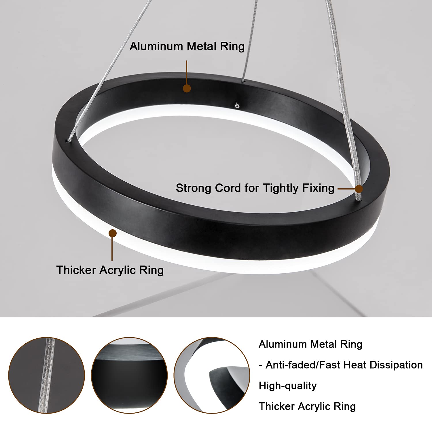 Viruhaka Dimmable LED Pendant Light Kitchen Island 15W Modern Dining Room Black Chandelier 1-Ring Pendant Lighting Bedroom Bedside 59in Cord Adjustable, 6000K Daylight…