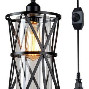 HMVPL Farmhouse Plug in Pendant Light, Outdoor Swag Lamp with Plug in Cord On/Off Dimmer, Plug in Hanging Light Fixture for Dining Room Bedroom Kitchen Island(1 Pack)