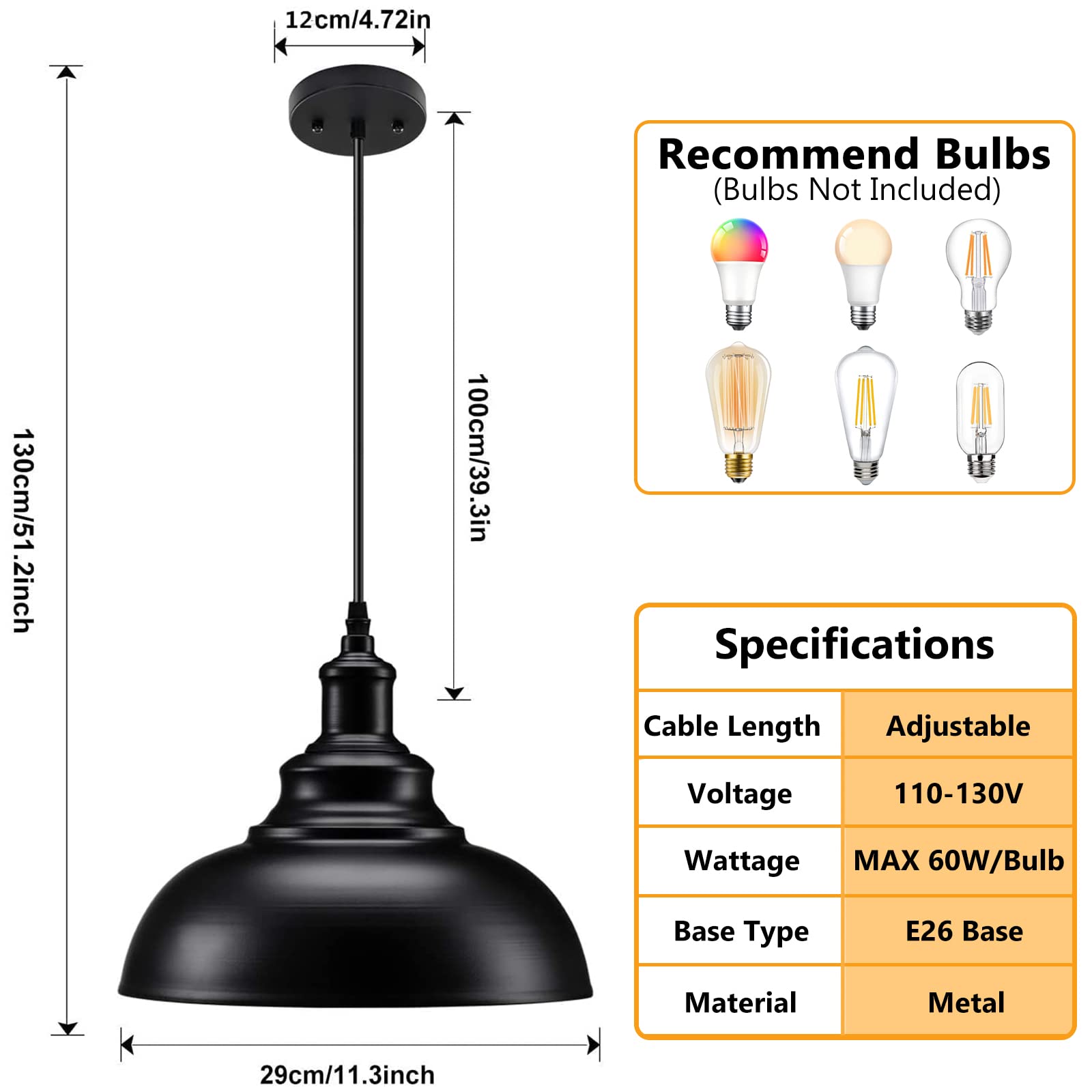 Asnxcju Farmhouse Pendant Light, Black Metal Pendant Light Fixtures, Industrial Vintage Adjustable Hanging Ceiling Light Fixture for Kitchen, Barn, Dining Room, Sink (1 Pack)