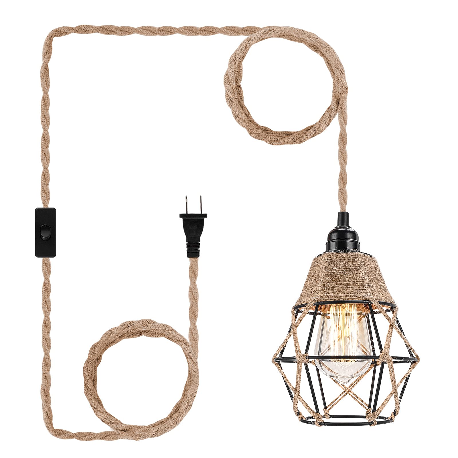 Industrial Plug in Pendant Light - 16.4ft Hanging lights with Plug In Cord Hemp Rope Hanging Lamp Farmhouse Hanging Light Fixtures with On/Off Switch for Kitchen Island Bedroom Living Room
