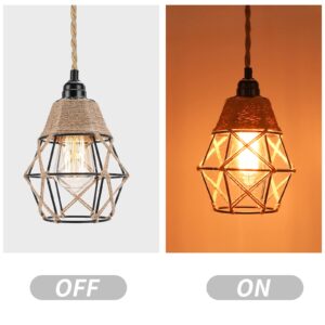 Industrial Plug in Pendant Light - 16.4ft Hanging lights with Plug In Cord Hemp Rope Hanging Lamp Farmhouse Hanging Light Fixtures with On/Off Switch for Kitchen Island Bedroom Living Room