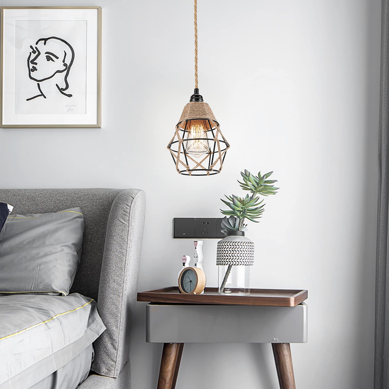 Industrial Plug in Pendant Light - 16.4ft Hanging lights with Plug In Cord Hemp Rope Hanging Lamp Farmhouse Hanging Light Fixtures with On/Off Switch for Kitchen Island Bedroom Living Room