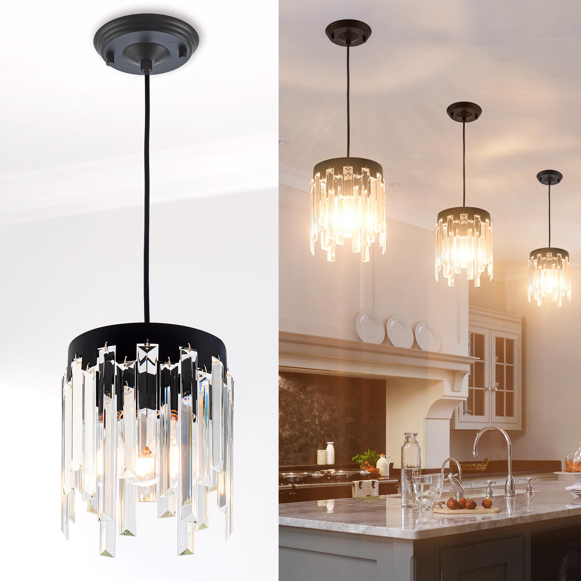 MAYNA Crystal Pendant Light, Modern Chandelier, Adjustable Height Hanging lamp, Black Pendant Lights for Kitchen Island Dining, Room,Living Room,Foyer,Hallway (1Pack)