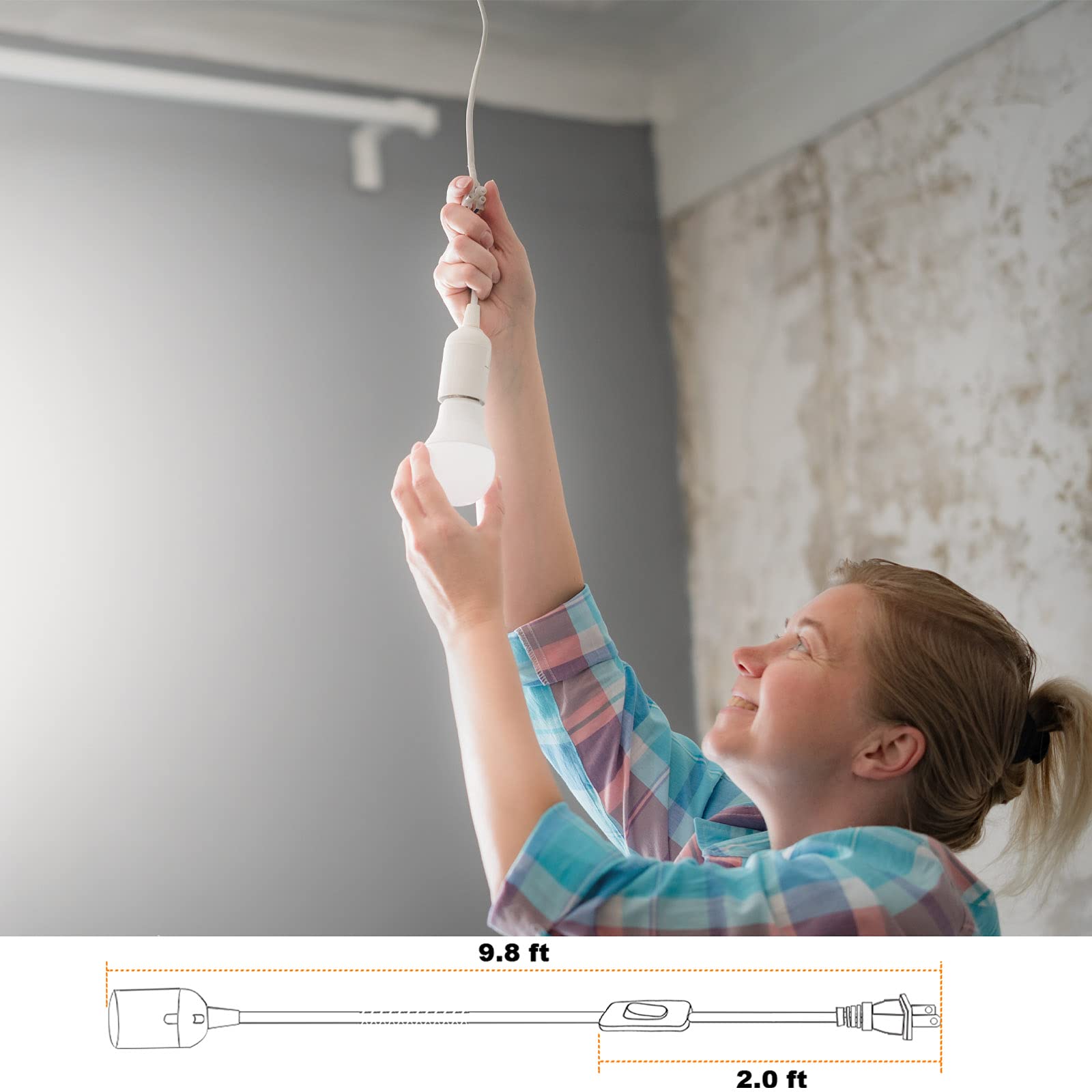 Plug in Hanging Light Kit, Retro Hanging Lights with Plug in Cord, E26 E27 Industrial Pendant Light Fixture, 9.8 FT Cord with On/Off Switch Hanging Lamp for Living Room Bedroom 2 Pack (White)