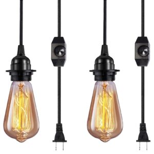 elibbren vintage plug in hanging light kit, industrial style pendant lighting e26 e27 lamp socket 12.14ft twisted textile black cord with dimmable on/off switch plug in lamp fixture 2 pack