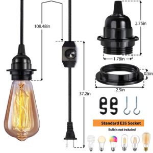 Elibbren Vintage Plug in Hanging Light Kit, Industrial Style Pendant Lighting E26 E27 Lamp Socket 12.14FT Twisted Textile Black Cord with Dimmable On/Off Switch Plug in Lamp Fixture 2 Pack