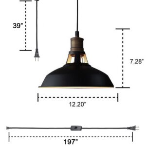 CLAXY Industrial Plug-in Barn Pendant Lighting Black Farmhouse Pendant Light with On/Off Switch 197 Inches Cord