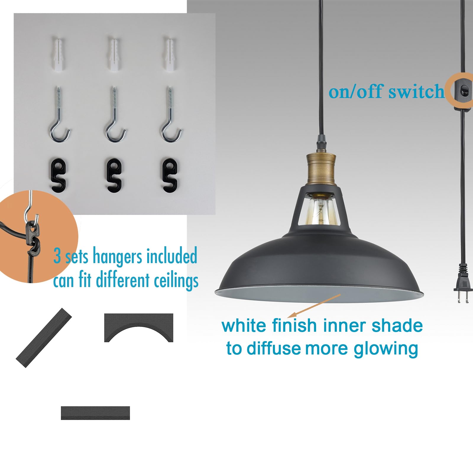 CLAXY Industrial Plug-in Barn Pendant Lighting Black Farmhouse Pendant Light with On/Off Switch 197 Inches Cord