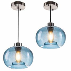 hasun 2 pack blue pendant lights kitchen island, 9.2 inch pumpkin farmhouse seeded glass pendant lights fixture, bedroom pendant light for office cafe pubs brushed nicke with bulb