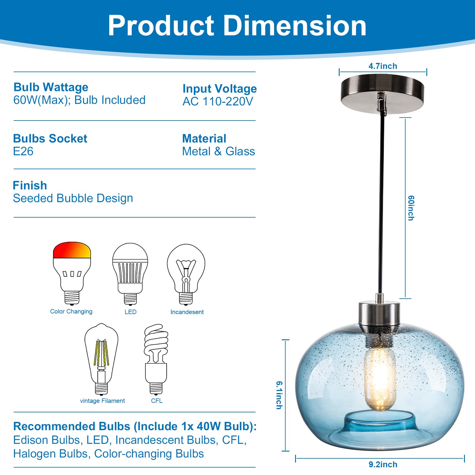 HASUN 2 Pack Blue Pendant Lights Kitchen Island, 9.2 Inch Pumpkin Farmhouse Seeded Glass Pendant Lights Fixture, Bedroom Pendant Light for Office Cafe Pubs Brushed Nicke with Bulb