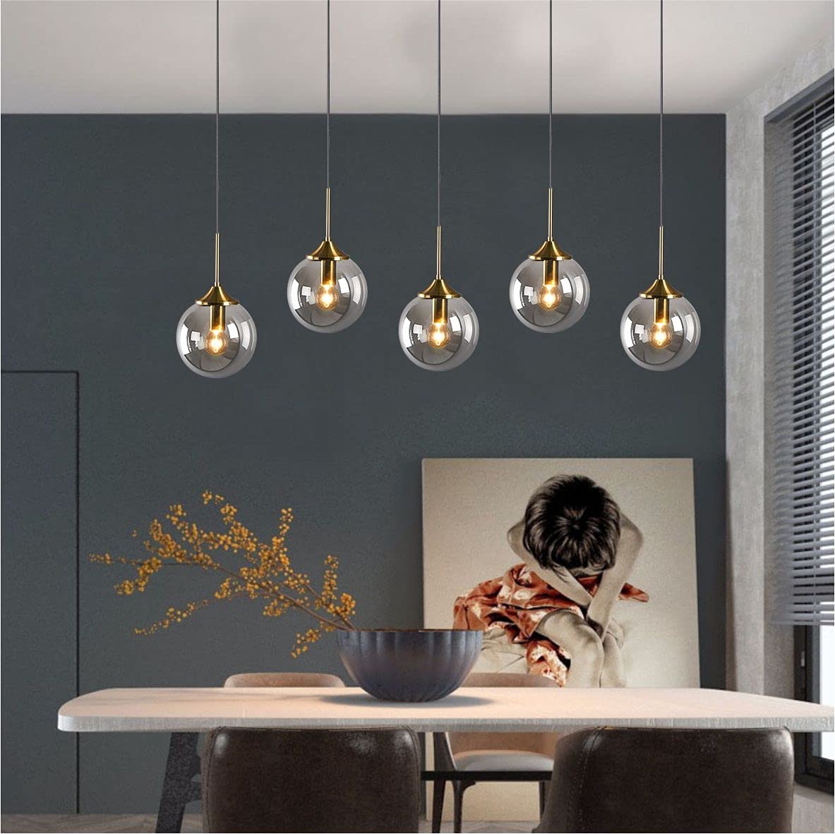 KCO Lighting Modern 1-Light Globe Pendant Light Mid Century Large Single Smoke Glass Hanging Light Brushed Brass Adjustable Pendant Light Fixture for Living Room Kitchen Island (Smoke Gray)