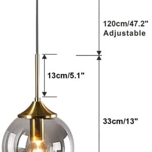 KCO Lighting Modern 1-Light Globe Pendant Light Mid Century Large Single Smoke Glass Hanging Light Brushed Brass Adjustable Pendant Light Fixture for Living Room Kitchen Island (Smoke Gray)