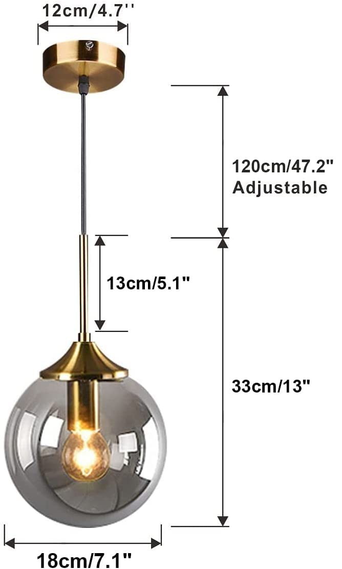 KCO Lighting Modern 1-Light Globe Pendant Light Mid Century Large Single Smoke Glass Hanging Light Brushed Brass Adjustable Pendant Light Fixture for Living Room Kitchen Island (Smoke Gray)