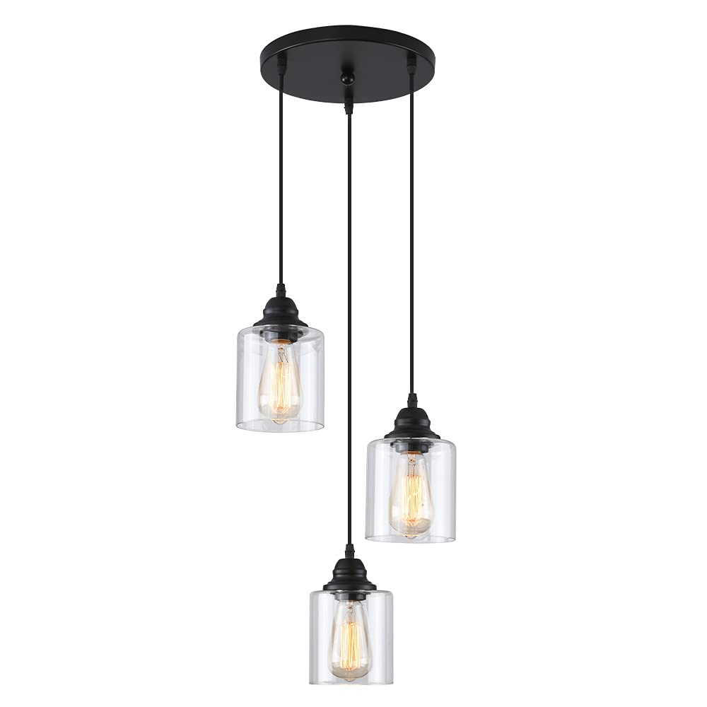 SINMILA 3-Lights Industrial Pendant Light with Glass Shade Matte Black Pendant Lighting Adjustable Industrial Retro Style Hanging Light Fixture for Kitchen, Farmhouse