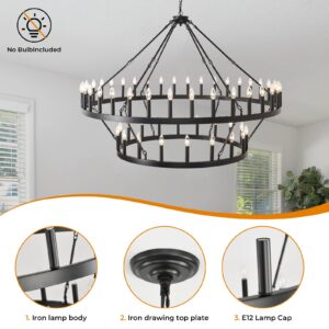 celimi Large Wagon Wheel Chandelier Black Round Modern Farmhouse 2 Tier 54-Lighting Fixtures for High Ceilings, Dining Room,Living Room